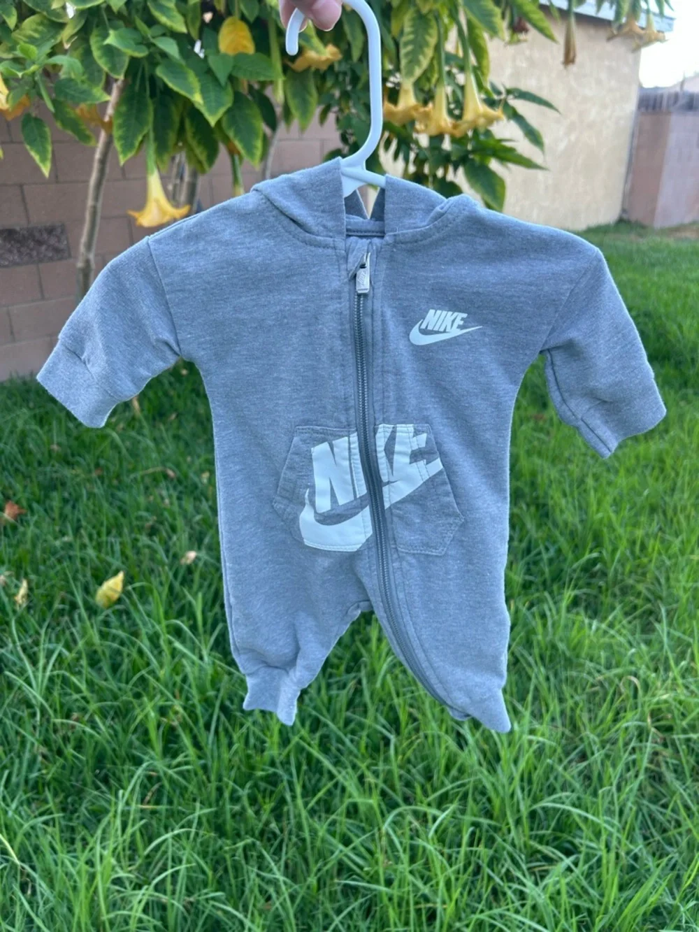 Nike Grey Hooded Baby One-Piece Zip Footie